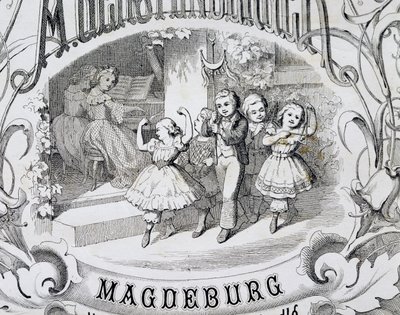 Dziecięca scena taneczna, fragment strony tytułowej zbioru muzyki i tańców dla dzieci wydanego w Magdeburgu. Niemcy autorstwa German School