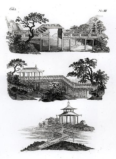 Mosty w stylu chińskim z „Recent New Ideas for the Garden”, opublikowane w 1779 r. (rycina) (zdjęcie czarno-białe) autorstwa German School