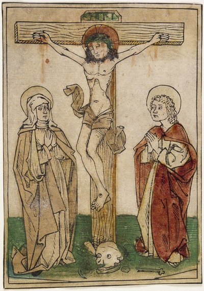 Chrystus na krzyżu z Maryją i św. Janem, ok.1470-80 (rękobarwiony drzeworyt na pergaminie) autorstwa German School