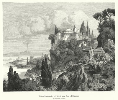 Linia brzegowa Zatoki Neapolitańskiej od starożytnego rzymskiego miasta Baiae, Cape Miseno, z Wezuwiuszem w oddali (rycina) autorstwa German School