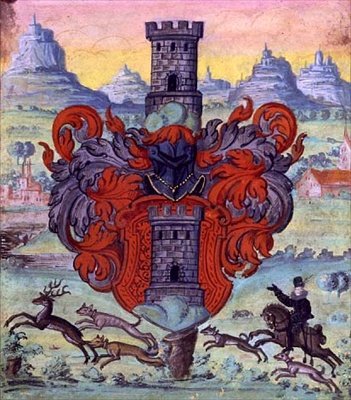 Herb na scenie myśliwskiej, ok. 1640 (gwasz na welinie) autorstwa German School