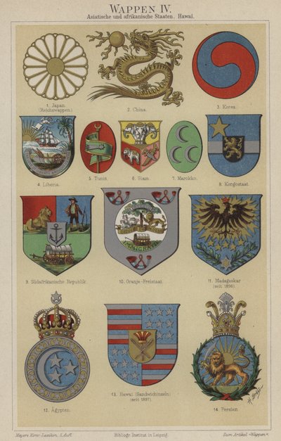 Herby Hawajów oraz krajów Azji i Afryki (kolor lito) autorstwa German School