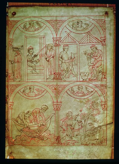 Codex 507 fol.2r Tkacz, szewc, rybak i myśliwy, z Renner Musterbuch, c.1208-18 autorstwa German School