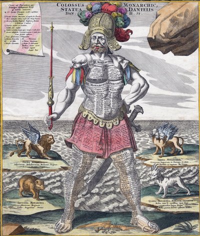 Kolosalny król okrakiem na jego imperium, c.1750 (grawerowanie) autorstwa German School
