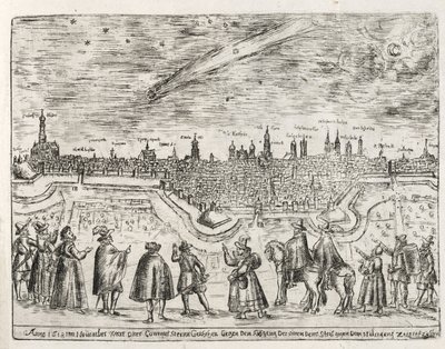 Kometa widziana nad Augsburgiem pod koniec listopada 1618, z Cometen Historia, wyd. 1618 autorstwa German School