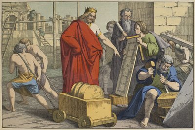 Budowa Świątyni Jerozolimskiej, ilustracja z Testamentu Lancien, wyd. Jakob Ferdinand Schreiber, Esslingen (kolorystyka) autorstwa German School