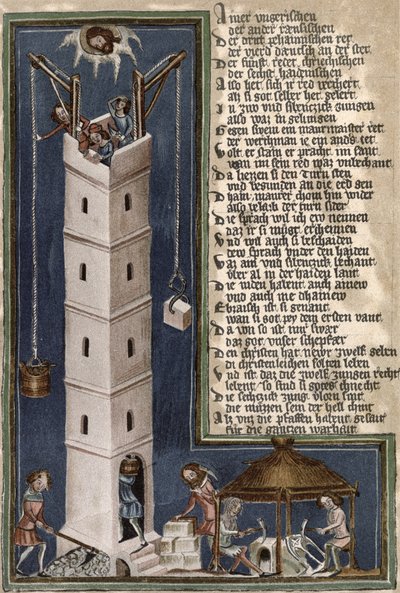 Budowa wieży Babel, kopia rękopisu z XV wieku autorstwa German School