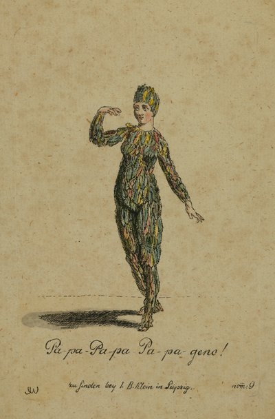 Projekt kostiumu do roli Papageno w operze Czarodziejski flet Wolfganga Amadeusza Mozarta, wydanej w Lipsku przez I. B. Kleina, 1793 (kolorystyka) autorstwa German School