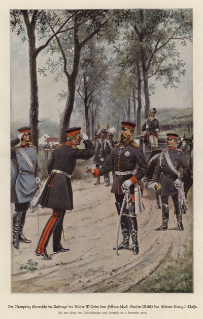 Książę koronny Fryderyk Niemiec wręcza feldmarszałkowi Helmuthowi von Moltke Krzyż Żelazny w imieniu swojego ojca, cesarza Wilhelma I (kolor lito) autorstwa German School