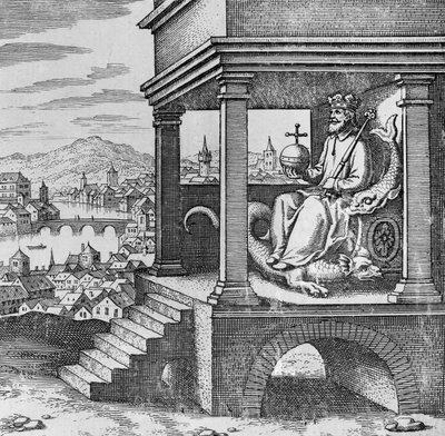 Koronowany król na tronie z Musaeum Hermeticum autorstwa German School