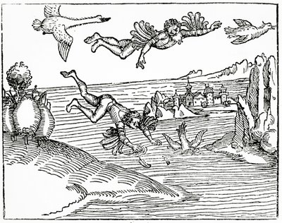Dedal, uciekający z Krety z synem Ikarem, widzi go spadającego na śmierć, 1493 (rycina drzeworyt) autorstwa German School