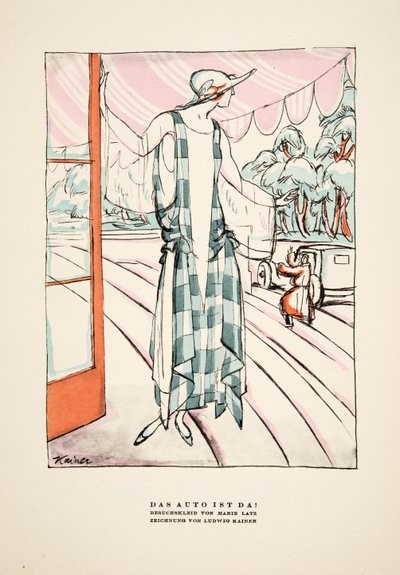"Das Auto Ist Da!", reklama sukienki autorstwa Marie Latz, ze Styl, wyd. 1922 (druk pochoir) autorstwa German School