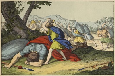 Dawid i Goliat, ilustracja z LAncien Testament, wyd. Jakob Ferdinand Schreiber, Esslingen (kolorystyka) autorstwa German School