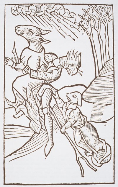 Wyjazd na szabat, kopia ilustracji Ulricha Moliora z Von den Unholden oder Hexen, Constanz 1489, wykorzystana w Historii magii, opublikowanej pod koniec XIX wieku autorstwa German School