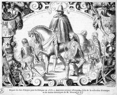 Wyjazd księcia Andegaweńskiego do Polski w 1573 r. (wybrany na króla Polski, wejdzie w posiadanie korony) - Starodawna grafika niemiecka z kolekcji grafik i rysunków historycznych pana Hennina. autorstwa German School