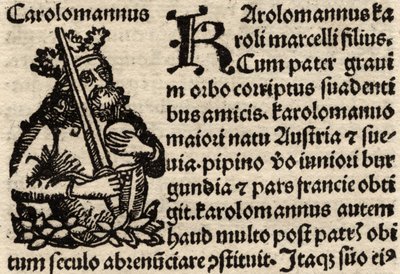 Fragment oryginalnego liścia inkunabu, przedstawiający Karola Wielkiego (742-814) sprzed 1500 roku (zob. też 237071) autorstwa German School