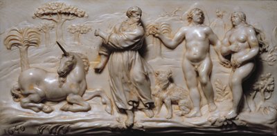 Fragment tablicy z południowoniemieckiego gabinetu Kunstcabinet, przedstawiający Adama i Ewę autorstwa German School