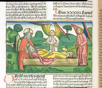 Powtórzonego Prawa 34 Śmierć Mojżesza, z Biblii Norymberskiej (Biblia Sacra Germanaica) (kolorowy drzeworyt) autorstwa German School