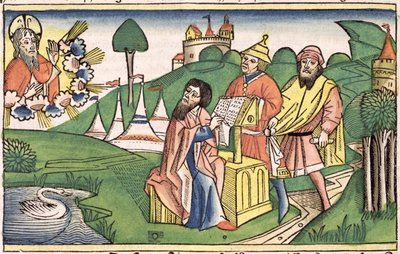 Powtórzonego Prawa: Frontyspis, w którym Bóg ustanawia Prawa, z Biblii Norymberskiej (Biblia Sacra Germanaica) (kolorowy drzeworyt) autorstwa German School