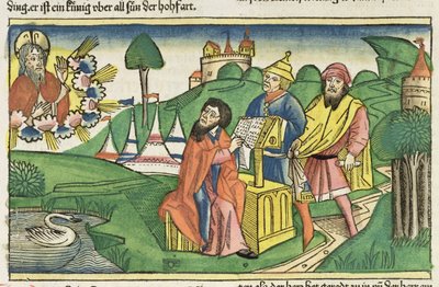 Powtórzonego Prawa: Frontyspis, w którym Bóg ustanawia Prawa, z Biblii Norymberskiej (Biblia Sacra Germanaica) (kolorowy drzeworyt) autorstwa German School