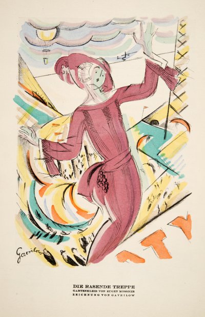 "Die Rasende Treppe", reklama sukienki Eugena Mossnera, ze Stylu, wyd. 1922 (druk pochoir) autorstwa German School