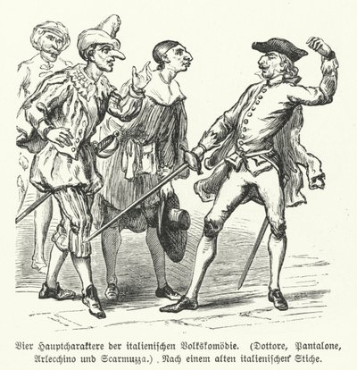 Doctor, Pantalone, Arlecchino i Scaramuccia, cztery postacie z Commedia dell