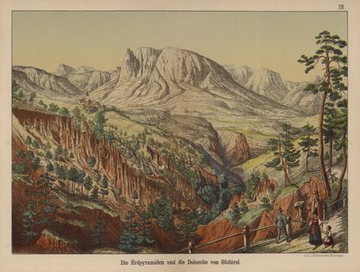Piramidy ziemskie i góry Dolomitów, Południowy Tyrol (litografia kolorowa) autorstwa German School