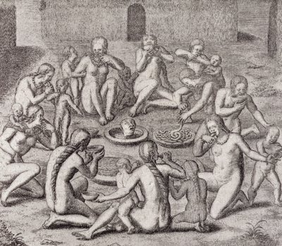 Spożywanie ciała więźnia według starego historyka, z „Historia Antipodum” Gottfrieda, wyd. 1655, z „Romansu nad rzeką” tom. I, WH Koebel, 1914 autorstwa German School