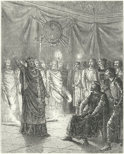 Edmund Rich, arcybiskup Canterbury, grożąc królowi Henrykowi III ekskomuniką autorstwa German School