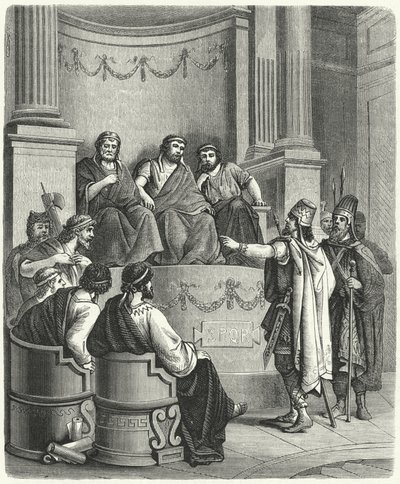 Emisariusze Eumenesa II z Pergamonu przed Senatem Rzymskim (rycina) autorstwa German School