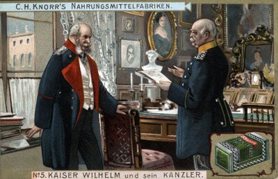 Cesarz Niemiec i Prus Wilhelm I (1797-1888) oraz kanclerz Otto von Bismarck (1815-1898) omawiają kwestie polityczne. Chromolitografia, koniec XIX wieku. autorstwa German School