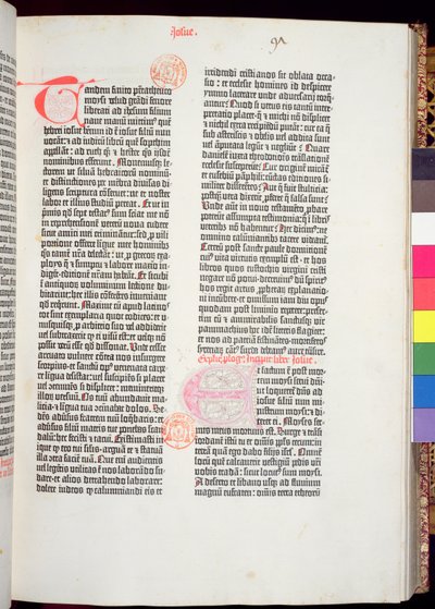 Koniec Pięcioksięgu i początek Księgi Jozuego, z Biblii Gutenberga, wydrukowanej przez Johannesa Gutenberga (ok. 1400-68) i Petera Schoeffera (1425-1502) w Moguncji, 1454-56 (papier drukowany) autorstwa German School