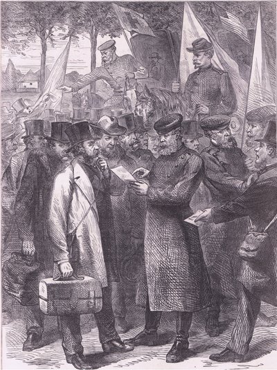 Angielscy mieszkańcy opuszczający Paryż, Cassells History of the War between France and Germany opublikowany przez Cassell and Company Limited, c.1890 (lito) autorstwa German School