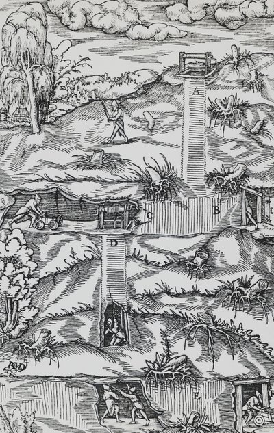 Grawer z De re metallica (O naturze metali), Georga Pawera lub Georgiusa Agricoli (1494-1555), opublikowanego w Bazylei autorstwa German School