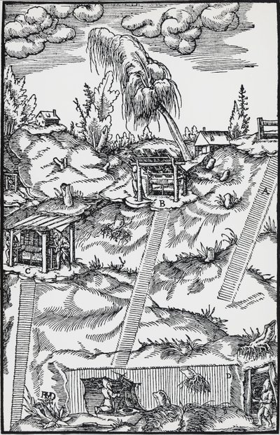Grawer z De re metallica (O naturze metali), Georga Pawera lub Georgiusa Agricoli (1494-1555), opublikowanego w Bazylei autorstwa German School