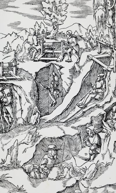 Grawer z De re metallica (O naturze metali), Georga Pawera lub Georgiusa Agricoli (1494-1555), opublikowanego w Bazylei autorstwa German School