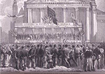 Zapisywanie ochotników do obrony Paryża, Cassells History of the War between France and Germany wydane przez Cassell and Company Limited, c.1890 (lito) autorstwa German School