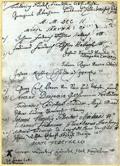 Wpis do ewidencji Uniwersytetu Halle z nazwiskiem Haendla, 1702 autorstwa German School