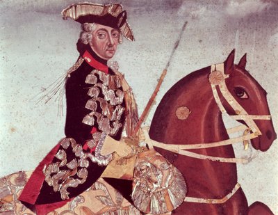 Portret konny króla pruskiego Fryderyka Wielkiego (1712-86) (wc i złota nić na papierze) autorstwa German School