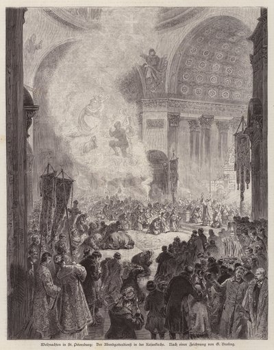 Nabożeństwo wieczorne w Soborze Kazańskim, Sankt Petersburg, Rosja, w Boże Narodzenie (grafika) autorstwa German School