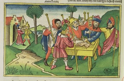 Wyjścia 12 Pierwsza Pascha, z Biblii Norymberskiej (Biblia Sacra Germanaica) (kolorowy drzeworyt) autorstwa German School