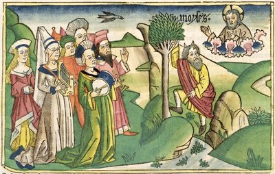 Wyjścia 15 1-19 Pieśń Mojżesza z Biblii Norymberskiej (Biblia Sacra Germanaica) (kolorowy drzeworyt) autorstwa German School