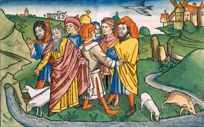 Exodus 17 1-7 Mojżesz sprawia, że woda wypływa ze Skał Hareb, z Biblii Norymberskiej (Biblia Sacra Germanaica) (kolorowy drzeworyt) autorstwa German School