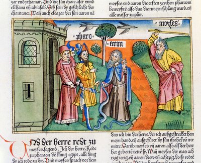 Exodus 7 8-25 Aarons rózg w postaci węża połyka węże faraonów mędrców i czarowników, a Mojżesz zamienia wody Nilu w krew, z Biblii Norymberskiej (Biblia Sacra autorstwa German School