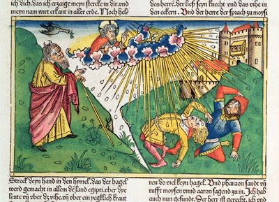 Wyjścia 9 13-35 Siedem plag egipskich: Mojżesz i plaga gradu i błyskawic, z „Biblii Norymberskiej (Biblia Sacra Germanaica)” (drzeworyt kolorowy) autorstwa German School