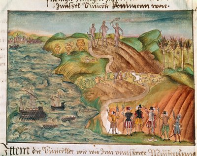 Ekspedycja ląduje w Wenezueli, z „Wspomnienia, biografie, wiersze itp. rodziny Coeler”, ok. 1560-1632 (akwarela na papierze) autorstwa German School