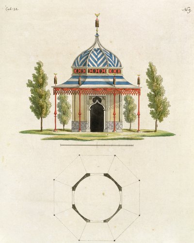 Zewnętrzna część chińskiej świątyni ogrodowej, z „Ostatnich nowych pomysłów na ogród”, opublikowanych w 1779 r. (kolorowe grawerowanie) (patrz także 170864) autorstwa German School