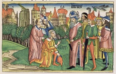Ezdrasz 6 16 Świątynia Jerozolimska poświęcona przez króla Dariusza, z Biblii Norymberskiej (Biblia Sacra Germanaica) (kolorowy drzeworyt) autorstwa German School