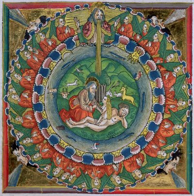 Faksymile Księgi Rodzaju 2:22 Bóg stworzył Ewę, z Biblii Norymberskiej (Biblia Sacra Germanaica) autorstwa German School