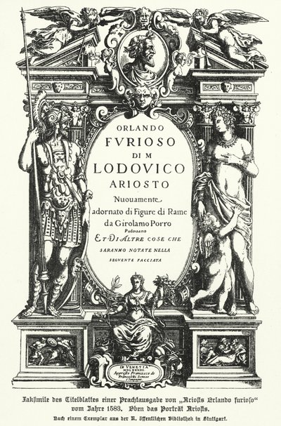 Faksymile strony tytułowej wydania epopei włoskiego poety Ludovica Ariosta Orlando Furioso z 1583 r. (zdjęcia) autorstwa German School